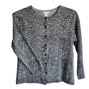 Garnet Hill Black and Gray Leopard Print Button-Up Cardigan